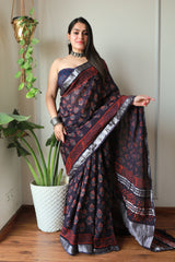 Bagru Hand Block Printed Lilen Saree