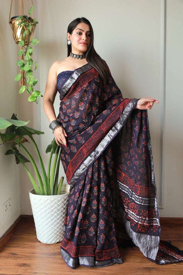 Bagru Hand Block Printed Lilen Saree