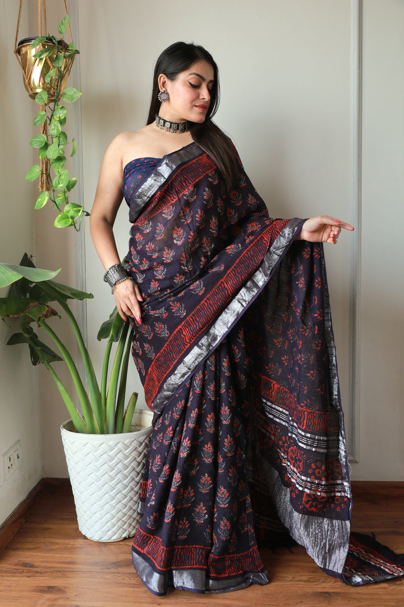 Bagru Hand Block Printed Lilen Saree