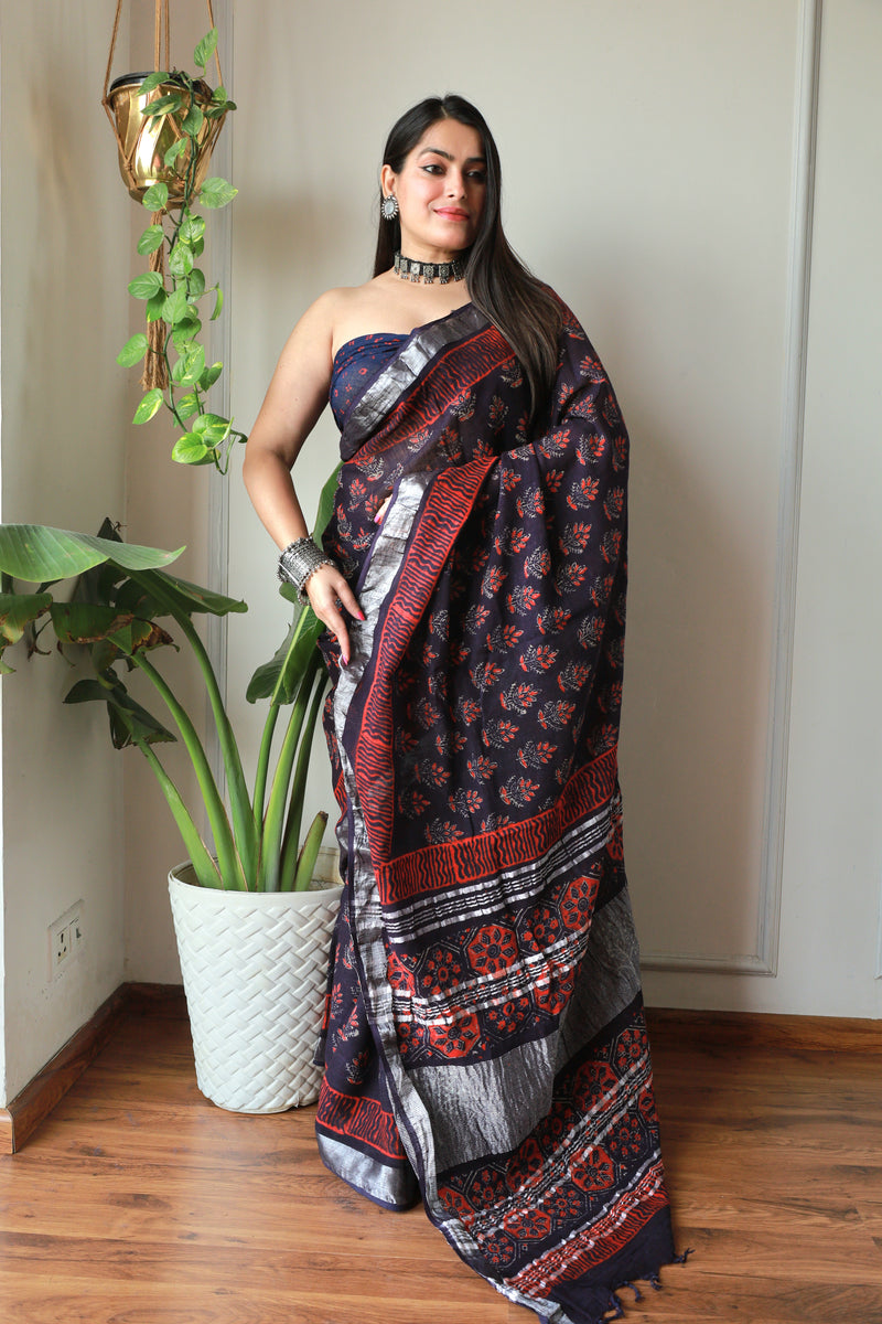 Bagru Hand Block Printed Lilen Saree