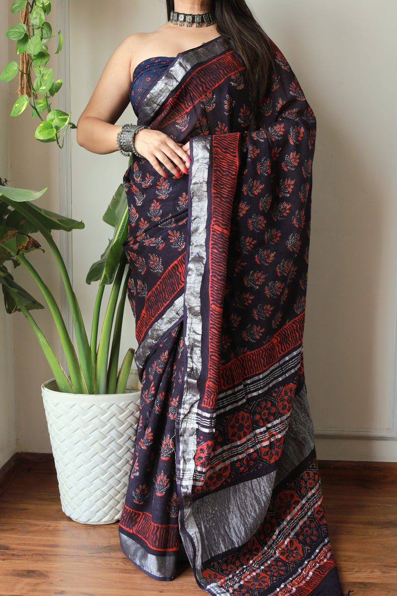 Bagru Hand Block Printed Lilen Saree