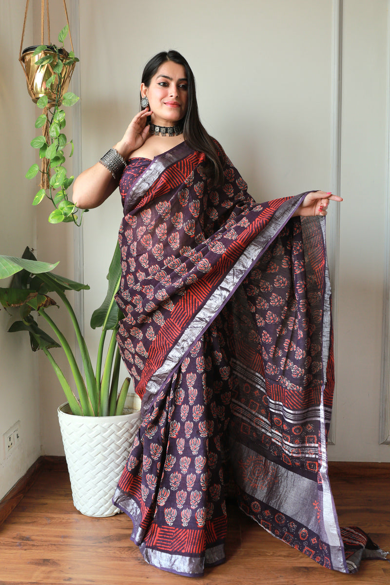 Millenniya Bagru Print Lilen Saree