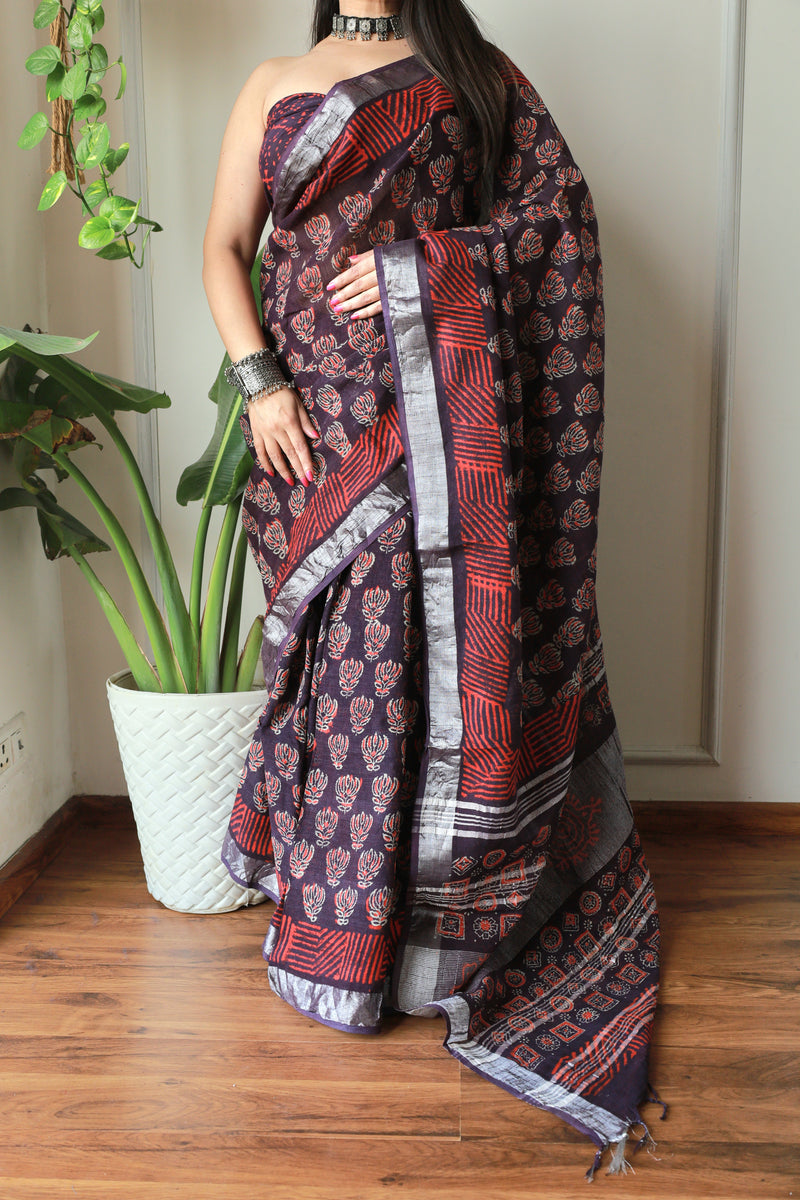 Millenniya Bagru Print Lilen Saree