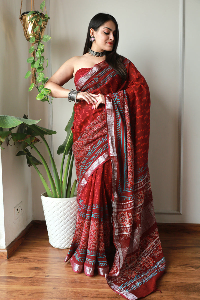 Mosam ke Rang Hand Block Printed Lilen Saree