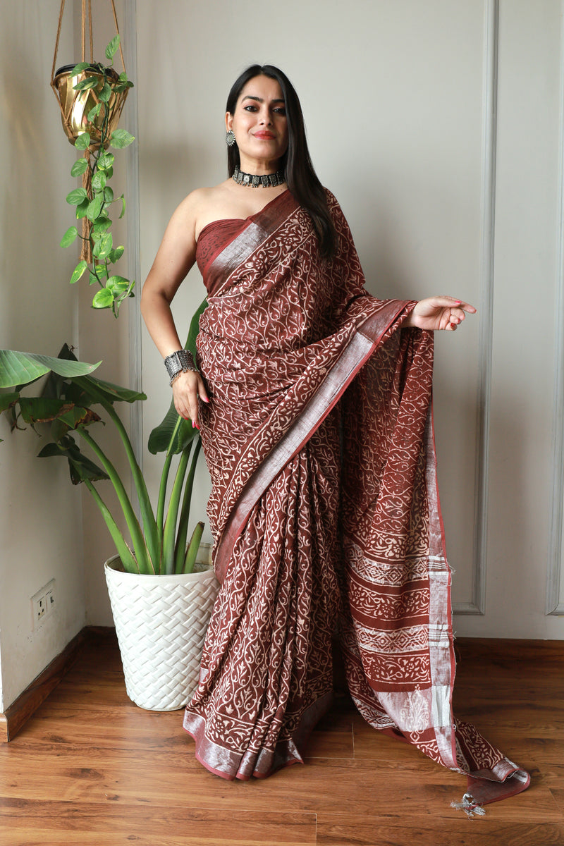 Party Wear Ajrak Print Linen Saree