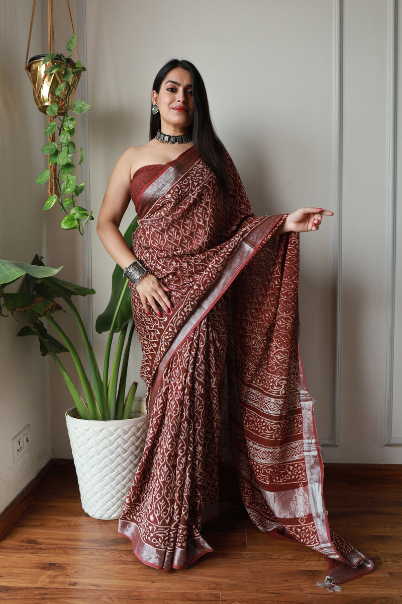 Party Wear Ajrak Print Linen Saree