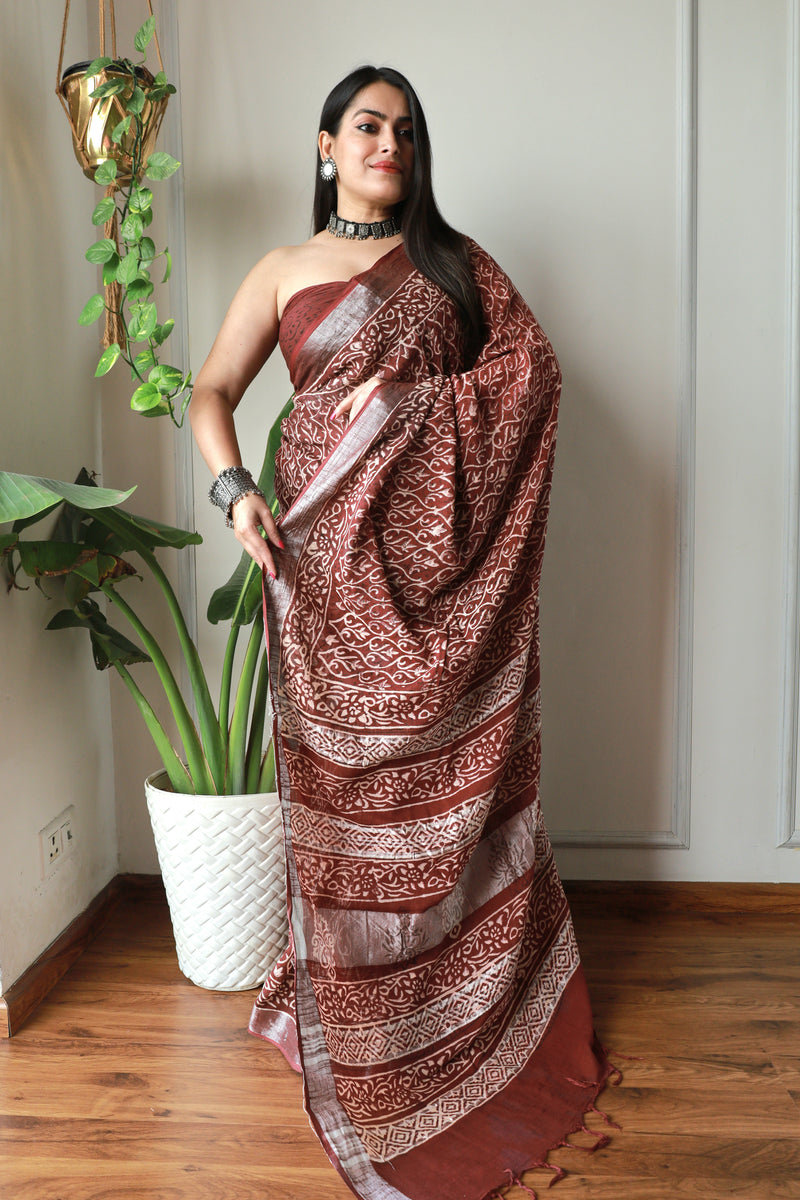 Party Wear Ajrak Print Linen Saree