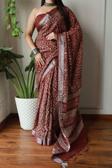 Party Wear Ajrak Print Linen Saree