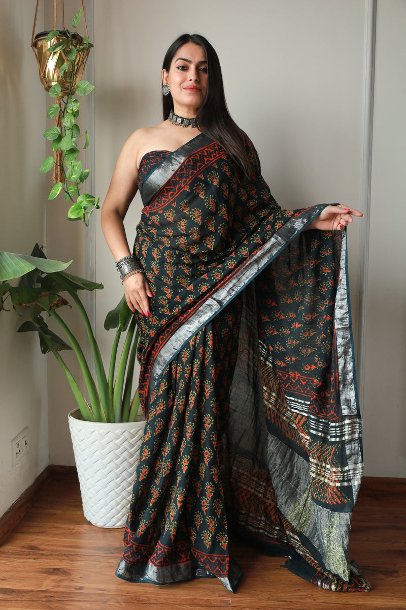 Millenniya Bagru Hand block Printed Lilen Saree