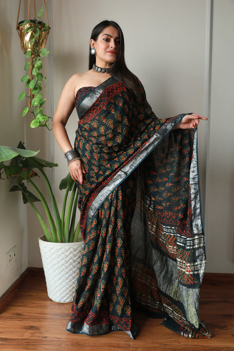 Millenniya Bagru Hand block Printed Lilen Saree