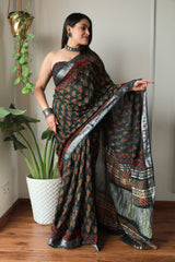 Millenniya Bagru Hand block Printed Lilen Saree