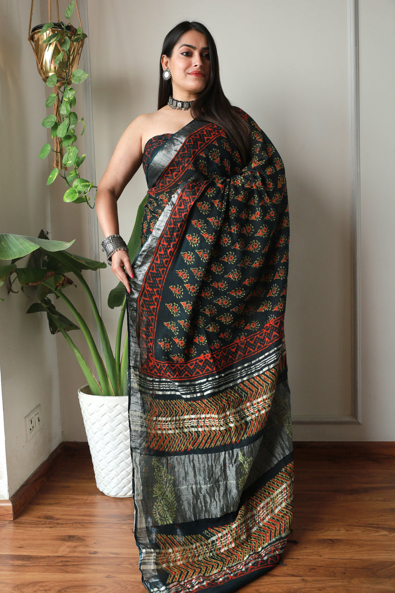 Millenniya Bagru Hand block Printed Lilen Saree