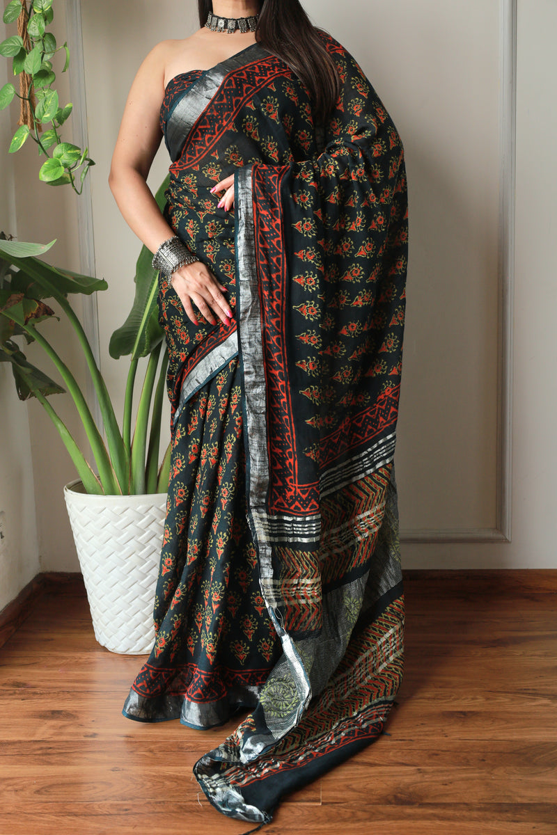 Millenniya Bagru Hand block Printed Lilen Saree