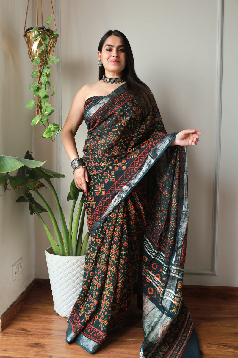 Millenniya Bagru Hand block printed Lilen Saree