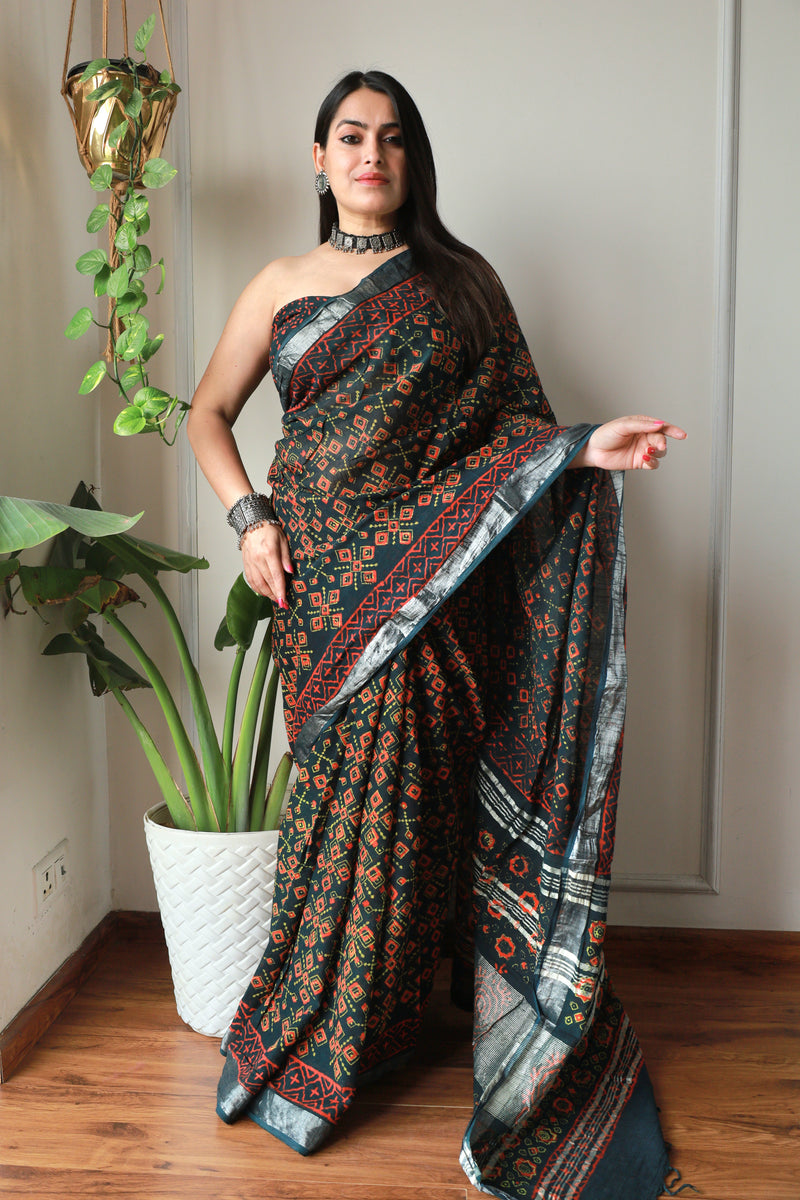 Millenniya Bagru Hand block printed Lilen Saree