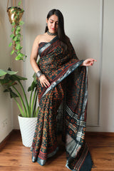 Millenniya Bagru Hand block printed Lilen Saree