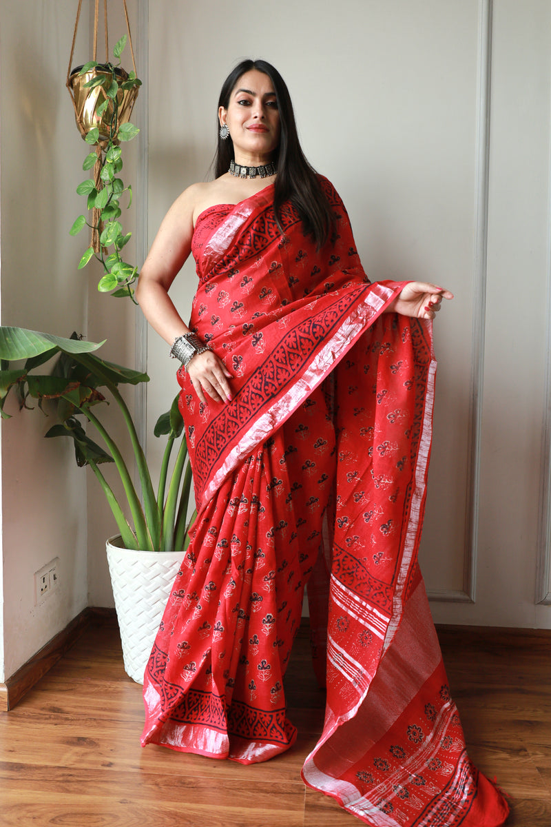 Millenniya Bagru Print Cotton Lilen Saree