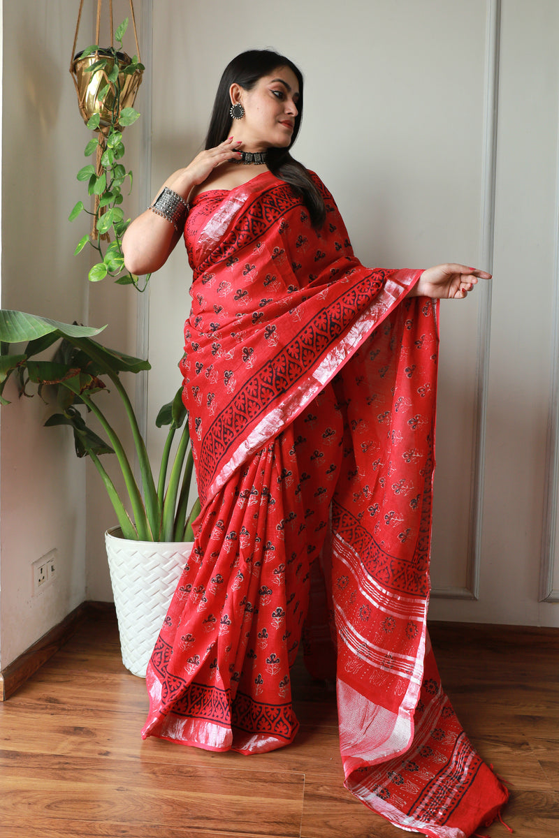 Millenniya Bagru Print Cotton Lilen Saree