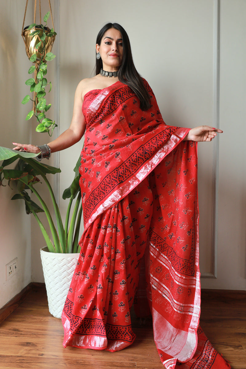 Millenniya Bagru Print Cotton Lilen Saree