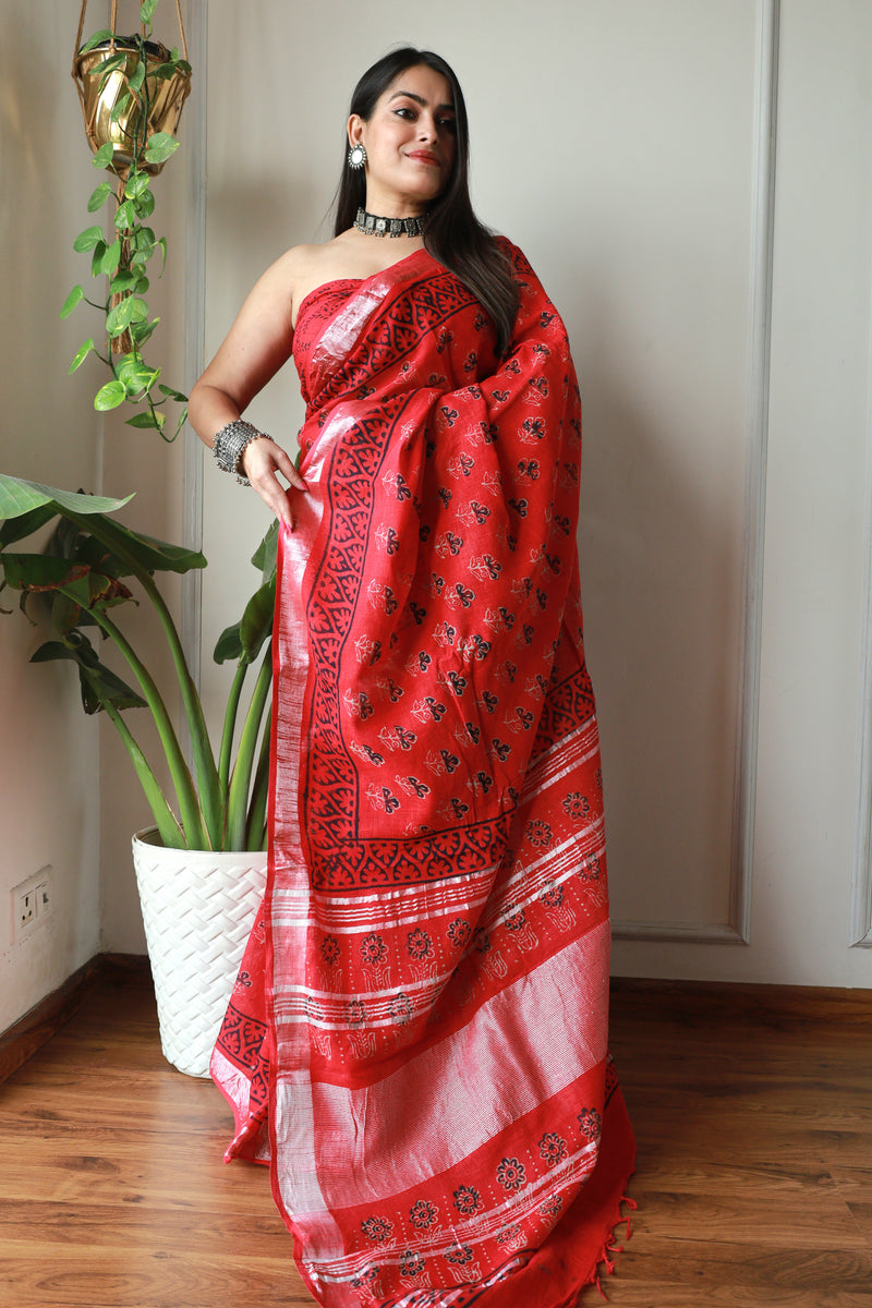 Millenniya Bagru Print Cotton Lilen Saree