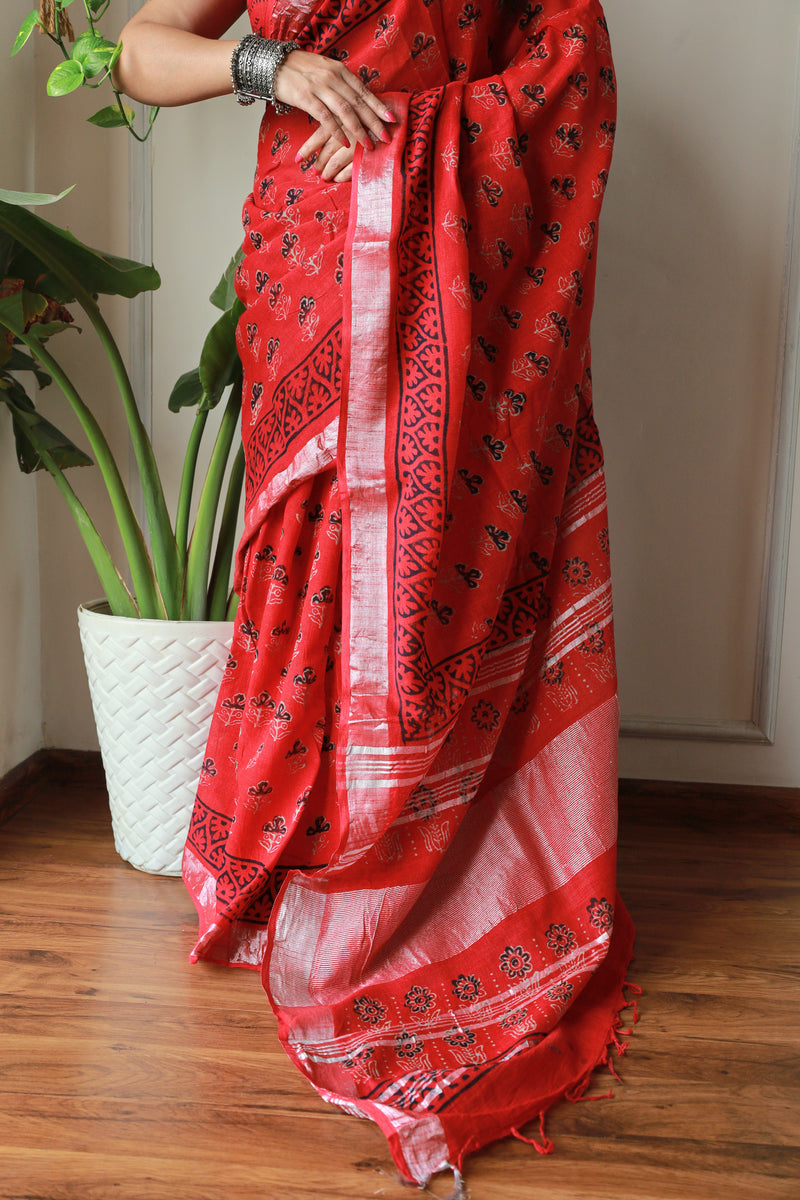 Millenniya Bagru Print Cotton Lilen Saree