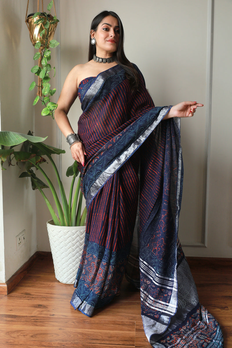 Millenniya Hand block printed Lilen Saree