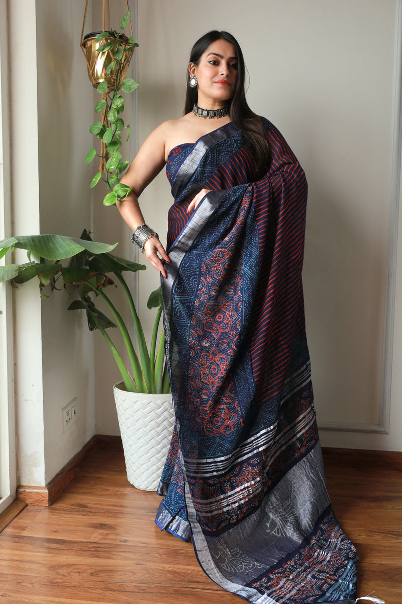 Millenniya Hand block printed Lilen Saree