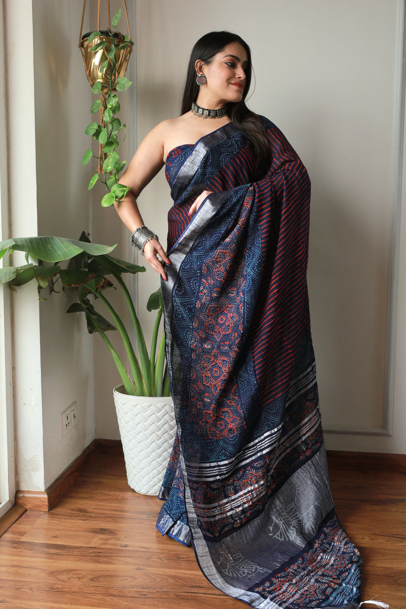 Millenniya Hand block printed Lilen Saree