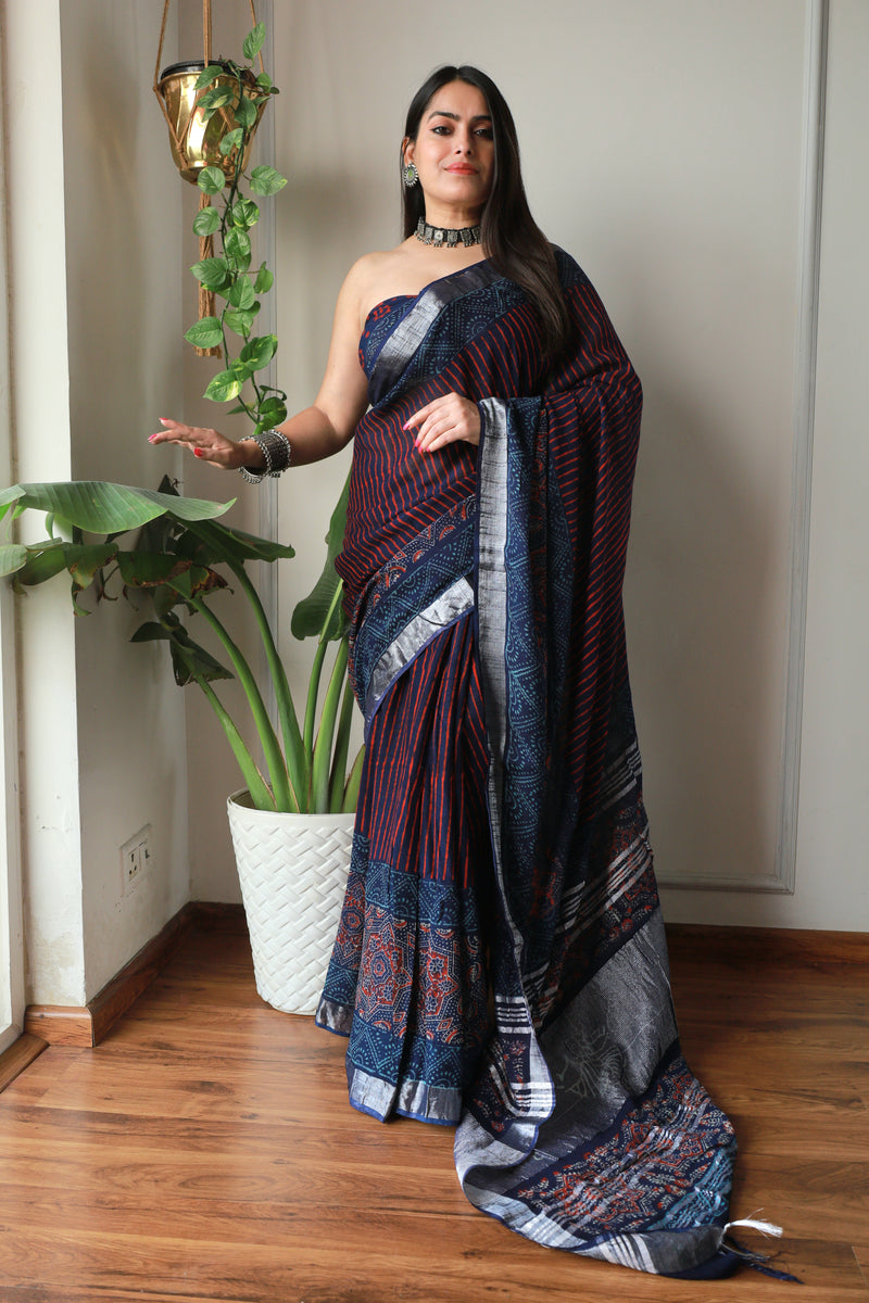 Millenniya Hand block printed Lilen Saree