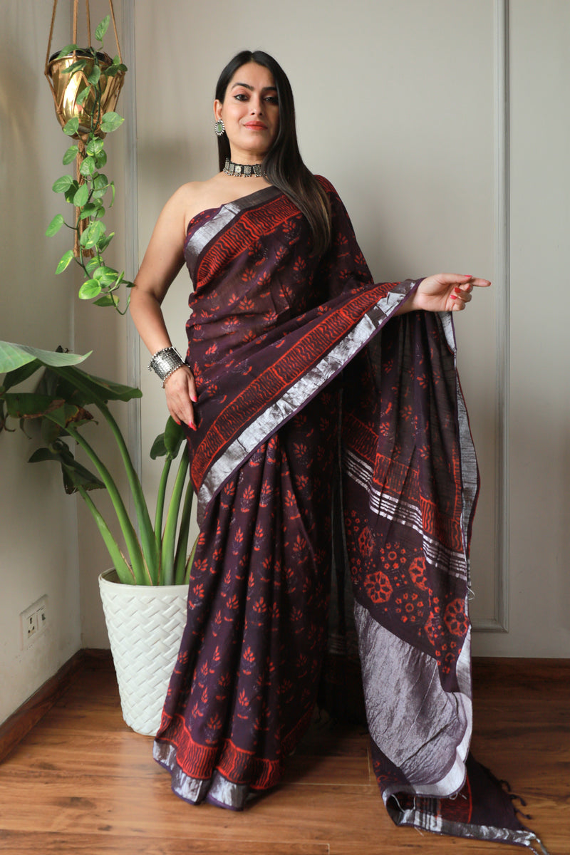 Millenniya Bagru Hand block printed Lilen Saree