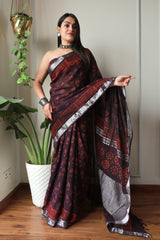 Millenniya Bagru Hand block printed Lilen Saree