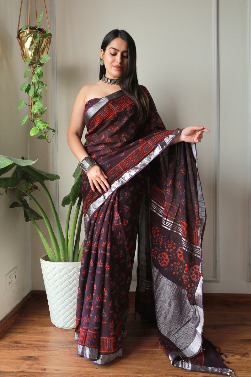 Millenniya Bagru Hand block printed Lilen Saree