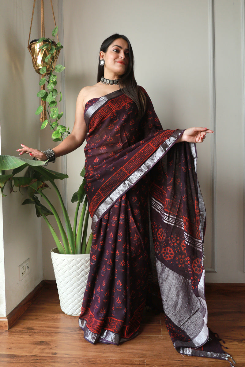 Millenniya Bagru Hand block printed Lilen Saree