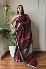 Millenniya Bagru Hand block printed Lilen Saree