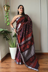 Millenniya Bagru Hand block printed Lilen Saree