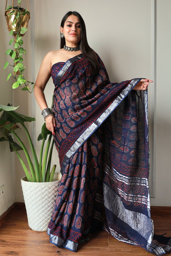 Bagru Hand block printed Cotton Lilen Saree