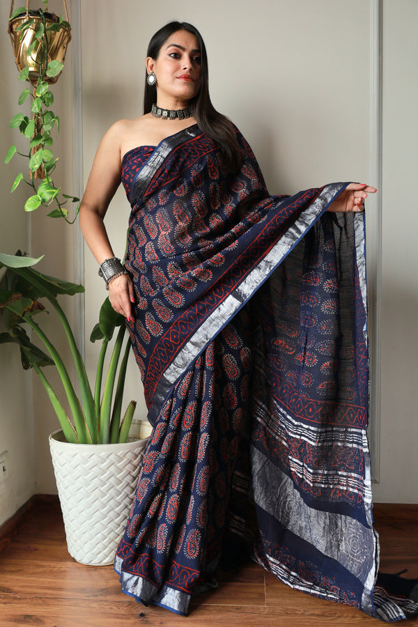 Bagru Hand block printed Cotton Lilen Saree