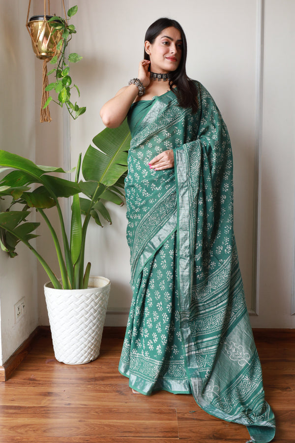 Bagru Printed Lilen Saree with Blouse