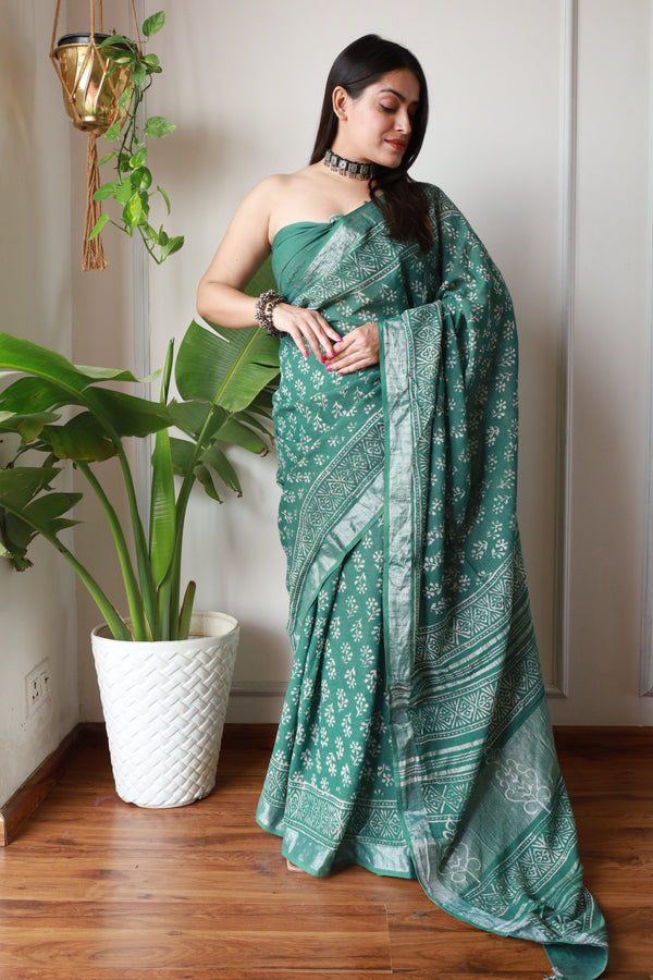 Bagru Printed Lilen Saree with Blouse