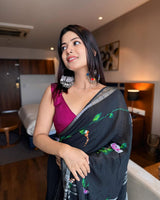 Black Printed Cotton Lilen Saree