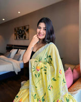 Mosam Ke Rang Yellow Printed Cotton LIlen Saree