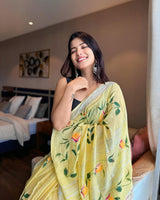 Mosam Ke Rang Yellow Printed Cotton LIlen Saree