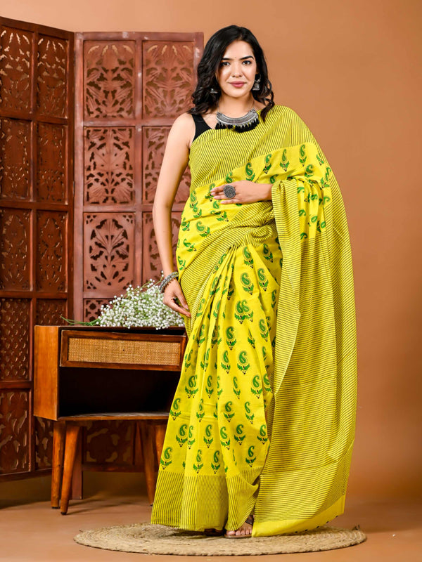 Bagru Yellow Print Pure Cotton Mulmul saree with Cotton Blouse