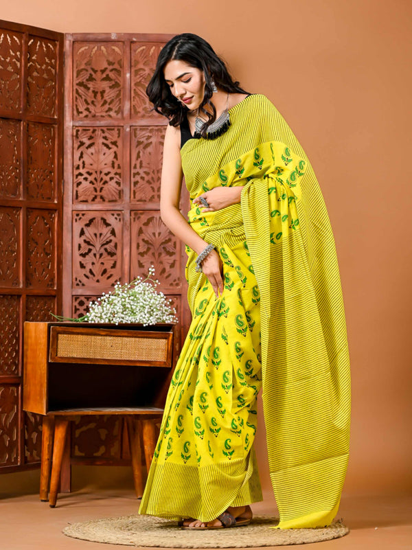 Bagru Yellow Print Pure Cotton Mulmul saree with Cotton Blouse