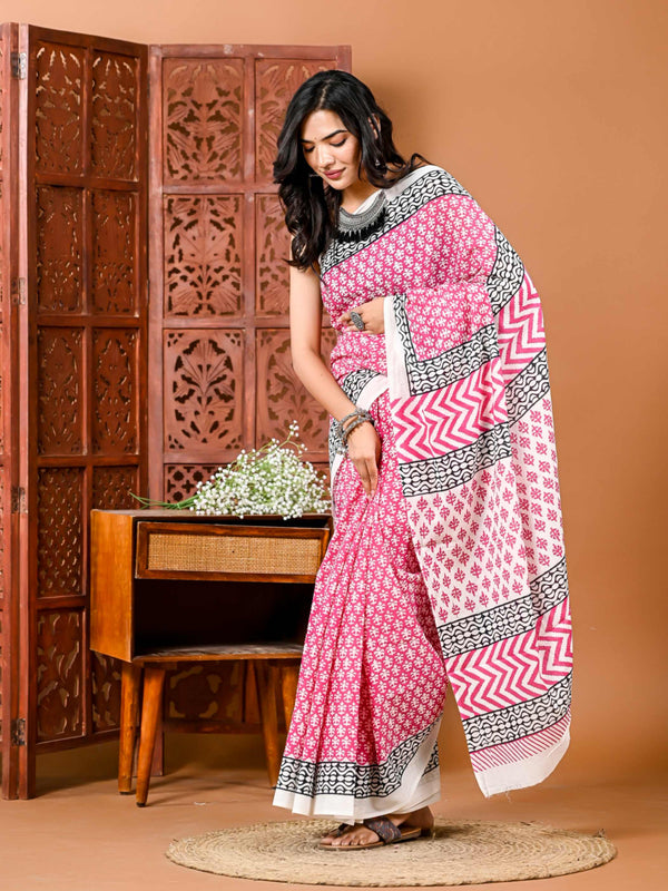 Bagru Printed Pure Cotton Mulmul Saree with BLouse