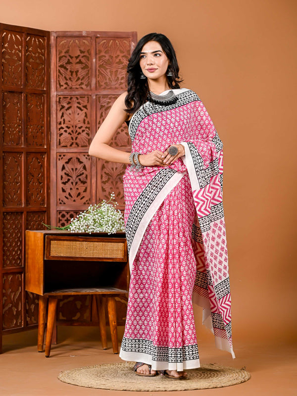 Bagru Printed Pure Cotton Mulmul Saree with BLouse