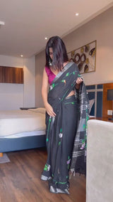 Black Printed Cotton Lilen Saree