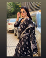 Black Hand Block Printed Lilen Saree