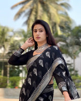 Black Hand Block Printed Lilen Saree