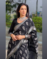 Black Hand Block Printed Lilen Saree